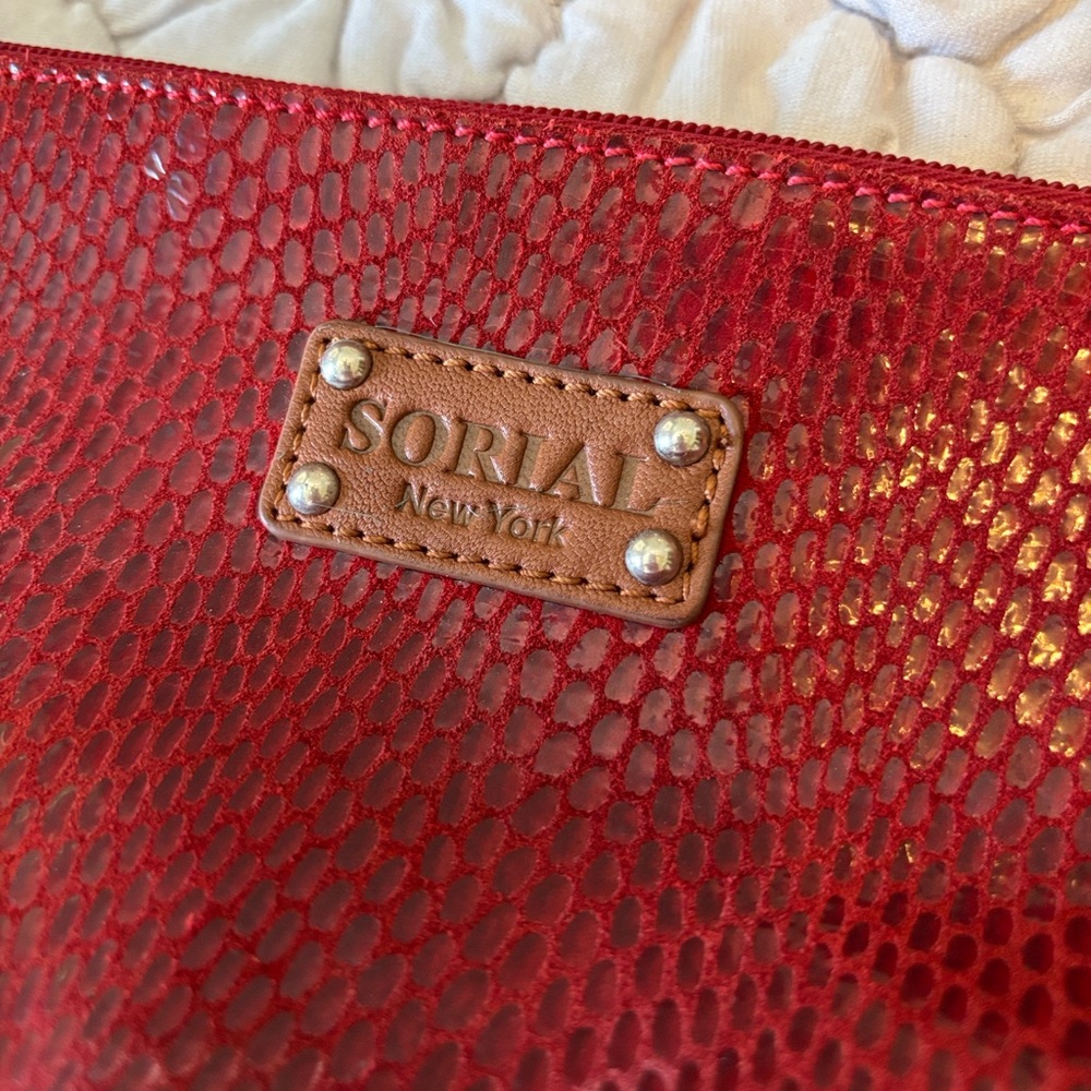 Sorial Red Textured Wristlet Pouch with Brown Strap - Picture 4 of 12